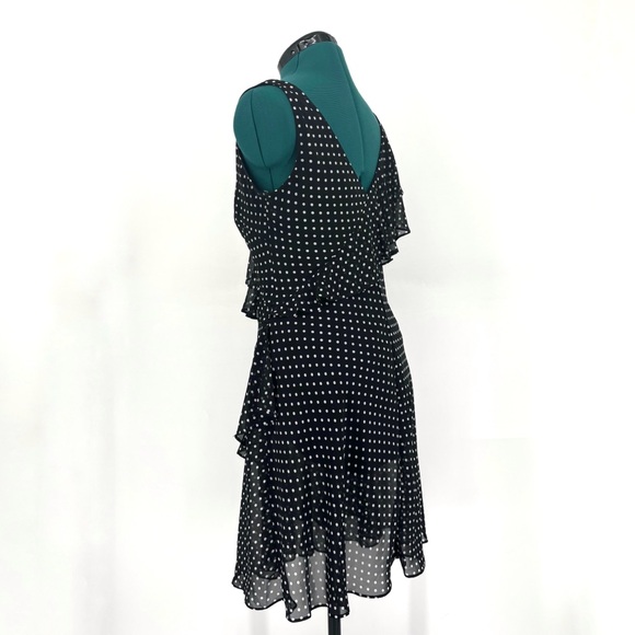 Chaps Black with White Polka Dots Asymmetrical Ruffled Lined Flutter Dress, 8 - Picture 6 of 17